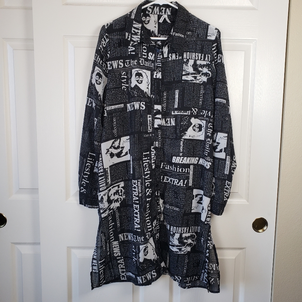Live 4 Truth Fashion Black and White Newsprint Sheer Long Shirt Tunic Size L